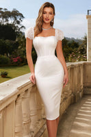Load image into Gallery viewer, Ivory Square Neck Bodycon Corset Midi Engagement Dress with Sleeves