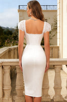 Load image into Gallery viewer, Ivory Square Neck Bodycon Corset Midi Engagement Dress with Sleeves