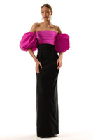 Load image into Gallery viewer, Black and Fuchsia Puff Sleeves Sheath Long Satin Formal Dress