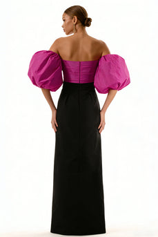 Black and Fuchsia Puff Sleeves Sheath Long Satin Formal Dress