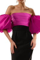 Load image into Gallery viewer, Black and Fuchsia Puff Sleeves Sheath Long Satin Formal Dress