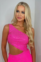 Load image into Gallery viewer, Sparkly Black One Shoulder Cut Out Homecoming Dress with Beading