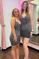 Load image into Gallery viewer, Glitter Navy Bodycon Lace-up Short Homecoming Dress