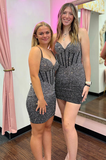 Glitter Navy Bodycon Lace-up Short Homecoming Dress