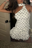 Load image into Gallery viewer, Black and White Dots Tight Halter Mini Dress with Ruffles