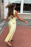 Load image into Gallery viewer, Yellow A Line Thick Straps Satin Maxi Wedding Guest Dress