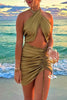 Load image into Gallery viewer, Gold Satin Halter Cut Out Ruched Mini Dress