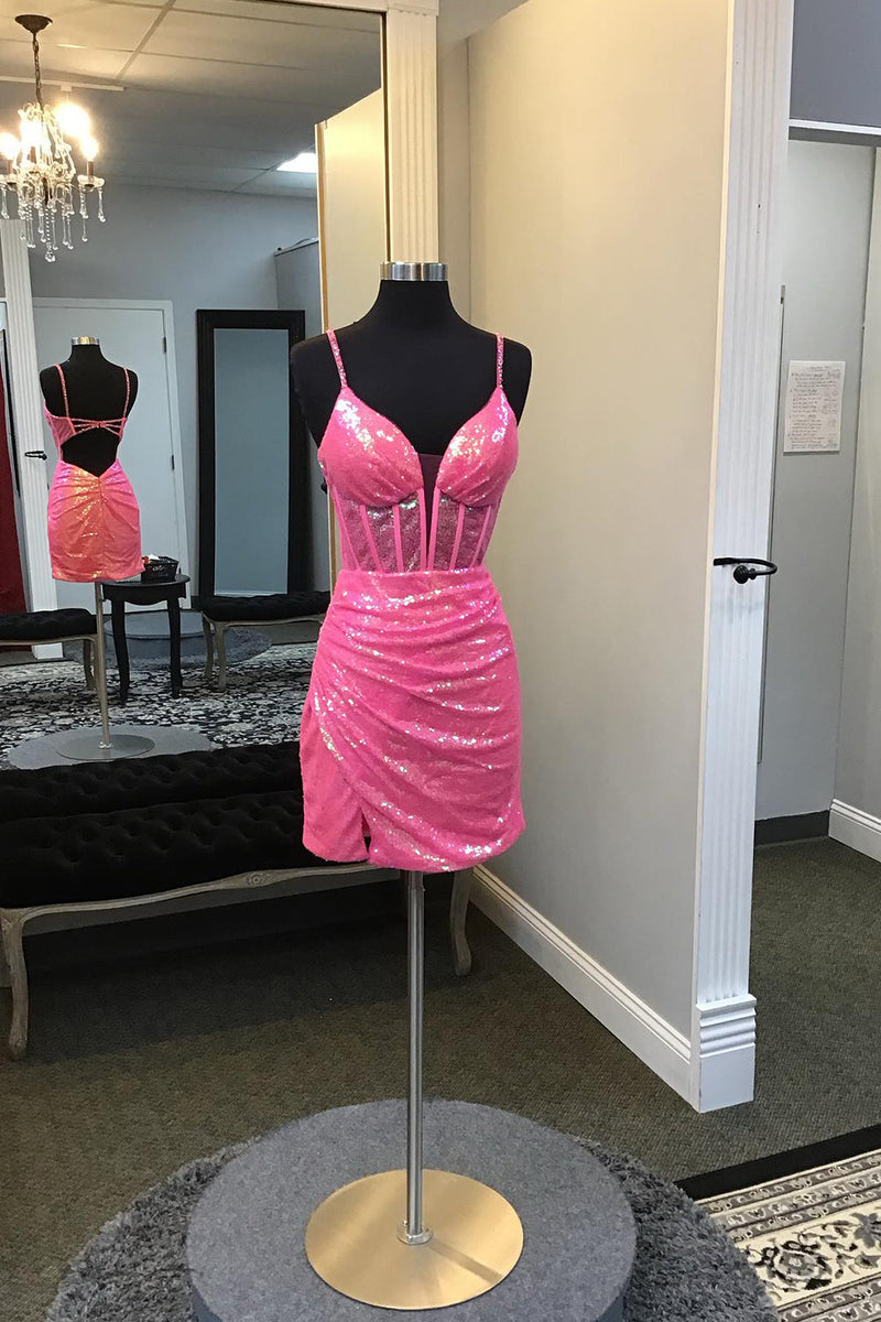 Load image into Gallery viewer, Sparkly Purple Spaghetti Straps Corset Homecoming Dress with Sequins