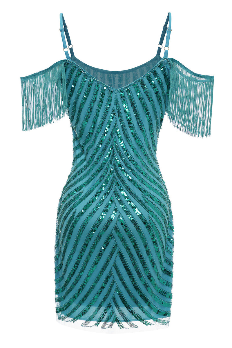 Load image into Gallery viewer, Peacock Green Tight Sequins Cocktail Dress with Fringes