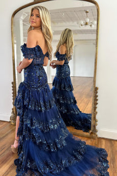 Navy Off The Shoulder Tiered Prom Dress