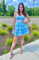 Load image into Gallery viewer, A Line Light Blue Sequins Corset Short Homecoming Dress