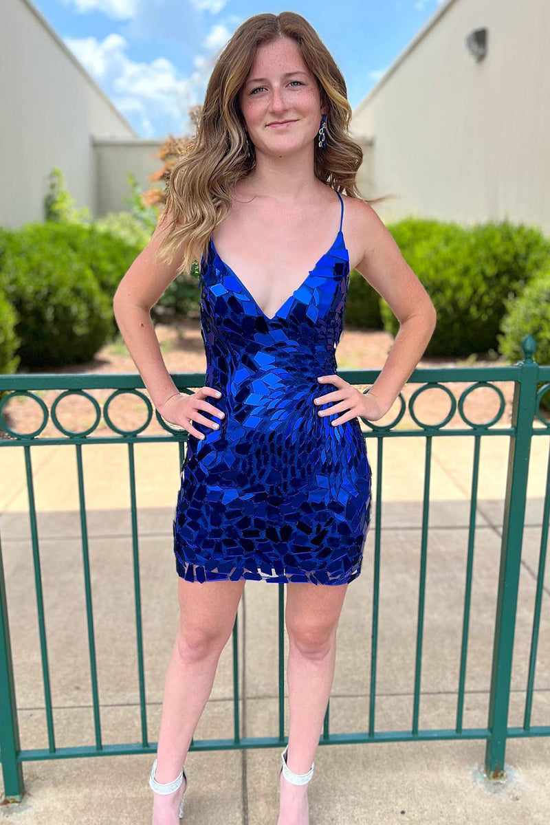 Load image into Gallery viewer, Sparkly Royal Blue Spaghetti Straps Homecoming Dress with Sequins
