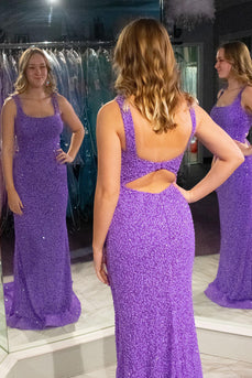 Purple Mermaid Square Neck Long Sequined Prom Dress