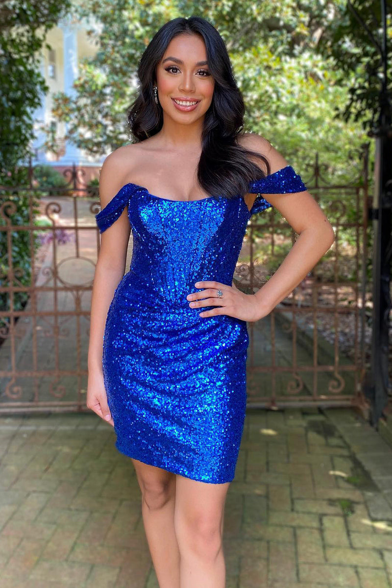 Load image into Gallery viewer, Fuchsia Off the Shoulder Tight Homecoming Dress with Sequins