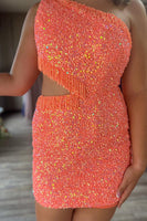 Load image into Gallery viewer, Sparkly Turquoise One Shoulder Bodycon Homecoming Dress with Sequins