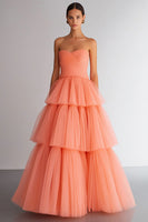 Load image into Gallery viewer, Light Orange Organza Tiered Strapless A Line Long Prom Dress