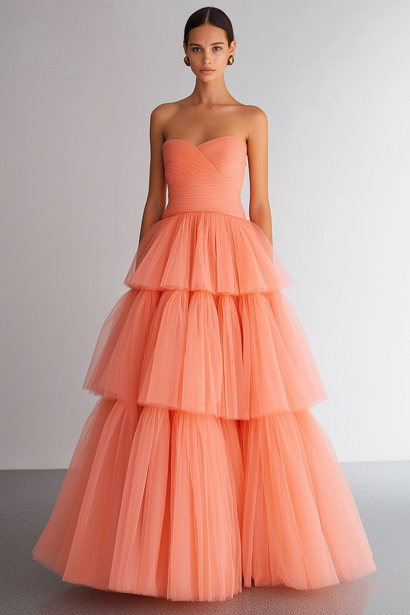 Load image into Gallery viewer, Light Orange Organza Tiered Strapless A Line Long Prom Dress