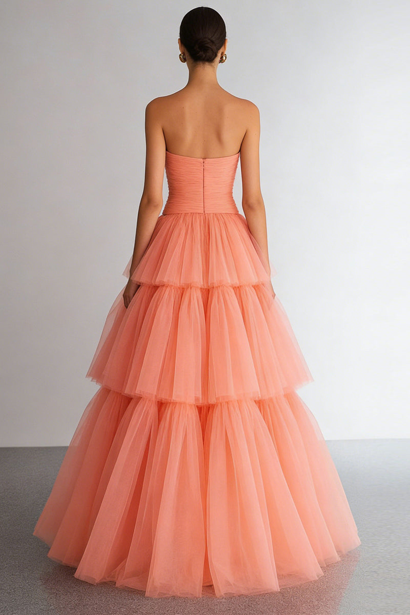 Load image into Gallery viewer, Light Orange Organza Tiered Strapless A Line Long Prom Dress