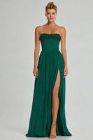 Load image into Gallery viewer, Simple Dark Green Strapless Sheath Beaded Long Prom Dress with Slit