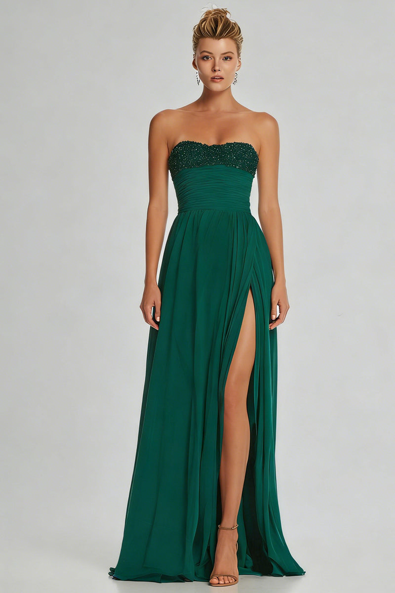 Load image into Gallery viewer, Simple Dark Green Strapless Sheath Beaded Long Prom Dress with Slit