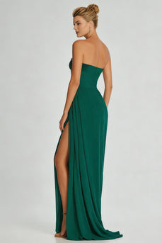 Simple Dark Green Strapless Sheath Beaded Long Prom Dress with Slit