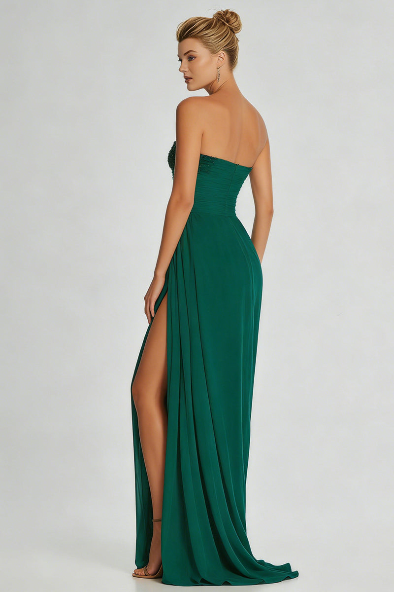 Load image into Gallery viewer, Simple Dark Green Strapless Sheath Beaded Long Prom Dress with Slit