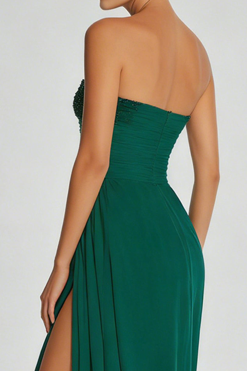 Load image into Gallery viewer, Simple Dark Green Strapless Sheath Beaded Long Prom Dress with Slit