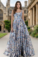 Load image into Gallery viewer, Floral Blue Thick Straps A Line Long Corset Prom Dress with Slit