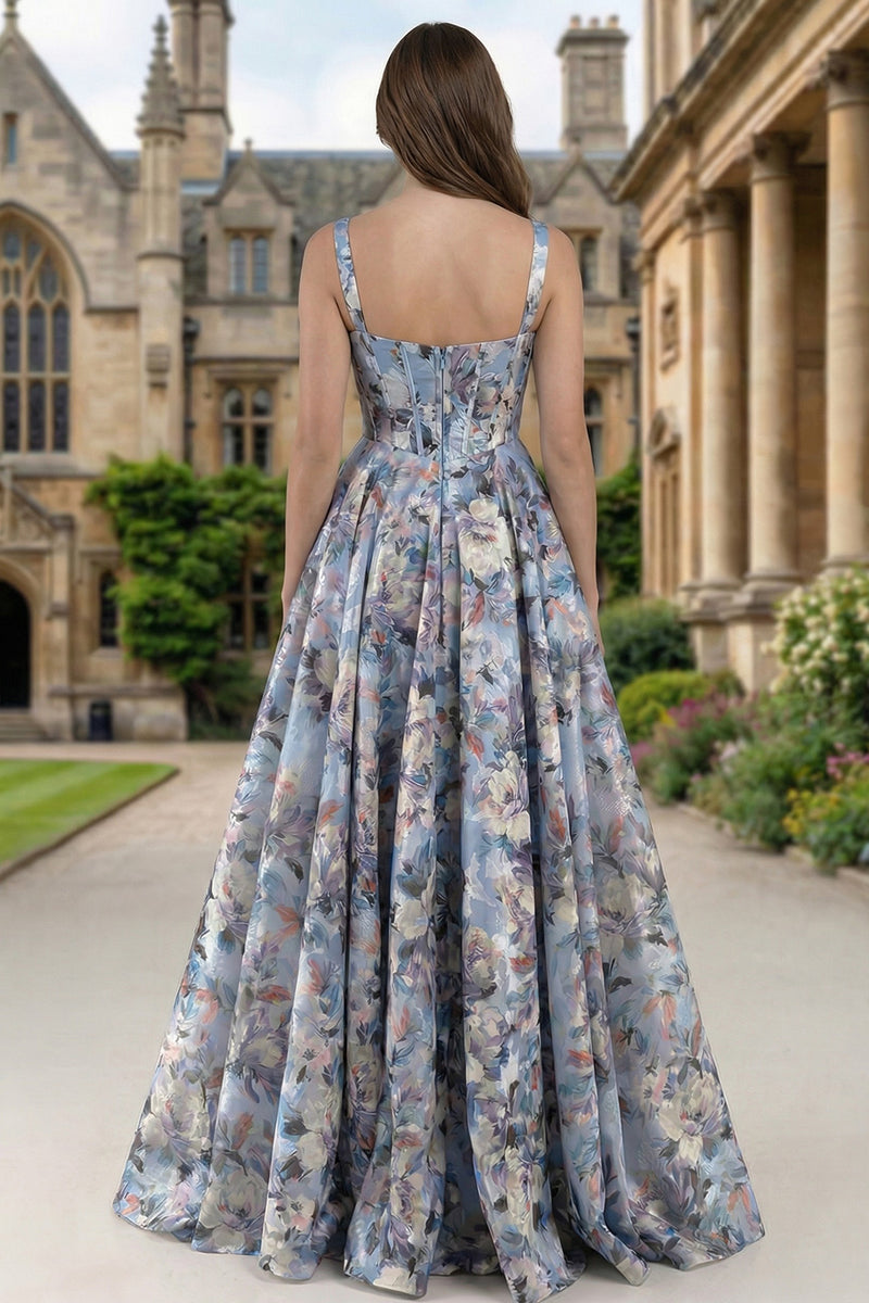 Load image into Gallery viewer, Floral Blue Thick Straps A Line Long Corset Prom Dress with Slit