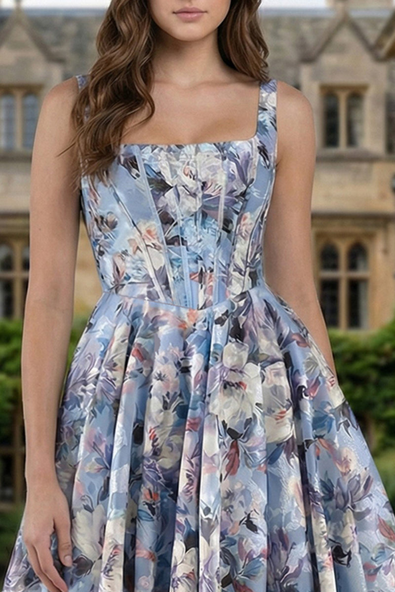 Load image into Gallery viewer, Floral Blue Thick Straps A Line Long Corset Prom Dress with Slit