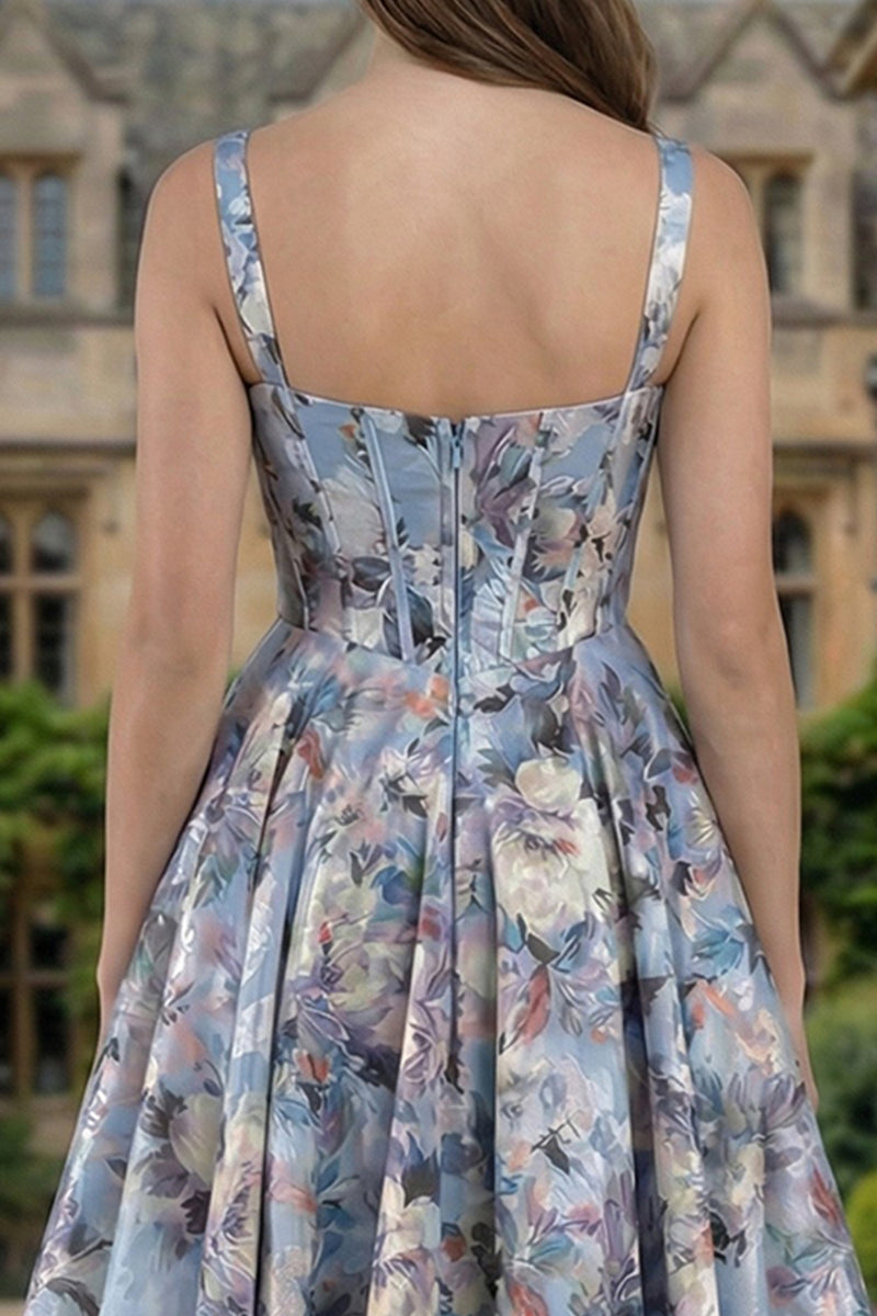 Load image into Gallery viewer, Floral Blue Thick Straps A Line Long Corset Prom Dress with Slit