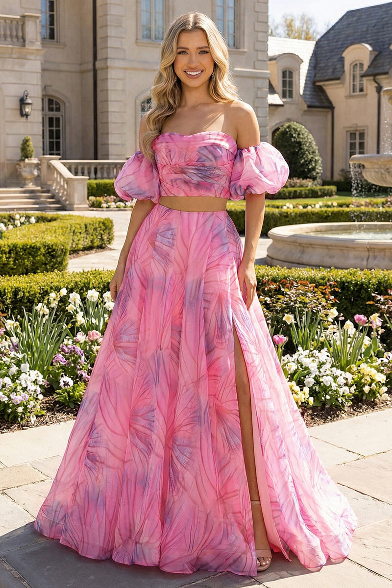 Load image into Gallery viewer, 2 Piece Pink Floral Off the Shoulder A Line Long Prom Dress with Slit