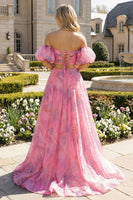 Load image into Gallery viewer, 2 Piece Pink Floral Off the Shoulder A Line Long Prom Dress with Slit