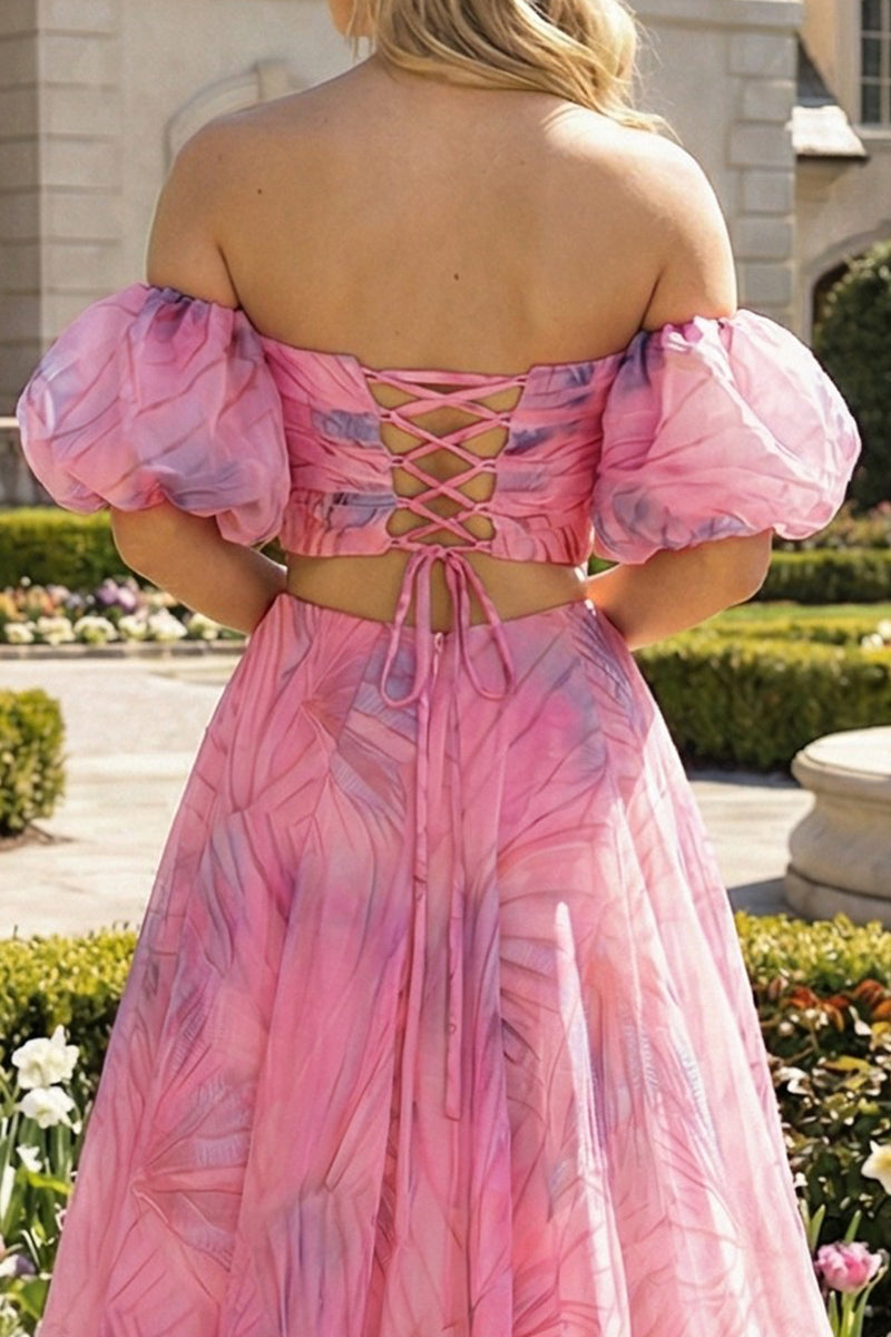 Load image into Gallery viewer, 2 Piece Pink Floral Off the Shoulder A Line Long Prom Dress with Slit