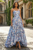 Load image into Gallery viewer, Blue Floral Strapless A Line Corset Long Prom Dress