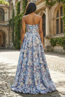 Load image into Gallery viewer, Blue Floral Strapless A Line Corset Long Prom Dress