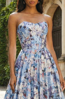 Load image into Gallery viewer, Blue Floral Strapless A Line Corset Long Prom Dress
