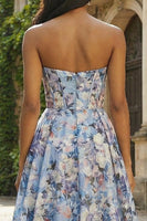 Load image into Gallery viewer, Blue Floral Strapless A Line Corset Long Prom Dress
