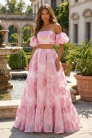 Load image into Gallery viewer, Floral Pink 2 Piece Off the Shoulder A Line Long Prom Dress