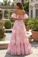 Load image into Gallery viewer, Floral Pink 2 Piece Off the Shoulder A Line Long Prom Dress