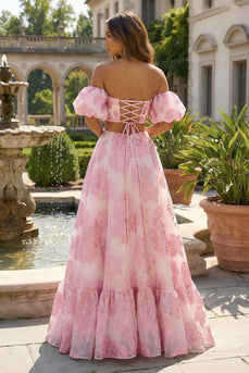 Floral Pink 2 Piece Off the Shoulder A Line Long Prom Dress