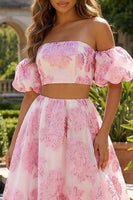 Load image into Gallery viewer, Floral Pink 2 Piece Off the Shoulder A Line Long Prom Dress