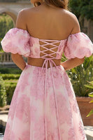 Load image into Gallery viewer, Floral Pink 2 Piece Off the Shoulder A Line Long Prom Dress