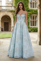 Load image into Gallery viewer, Floral Light Blue A Line Sweetheart Long Corset Prom Dress