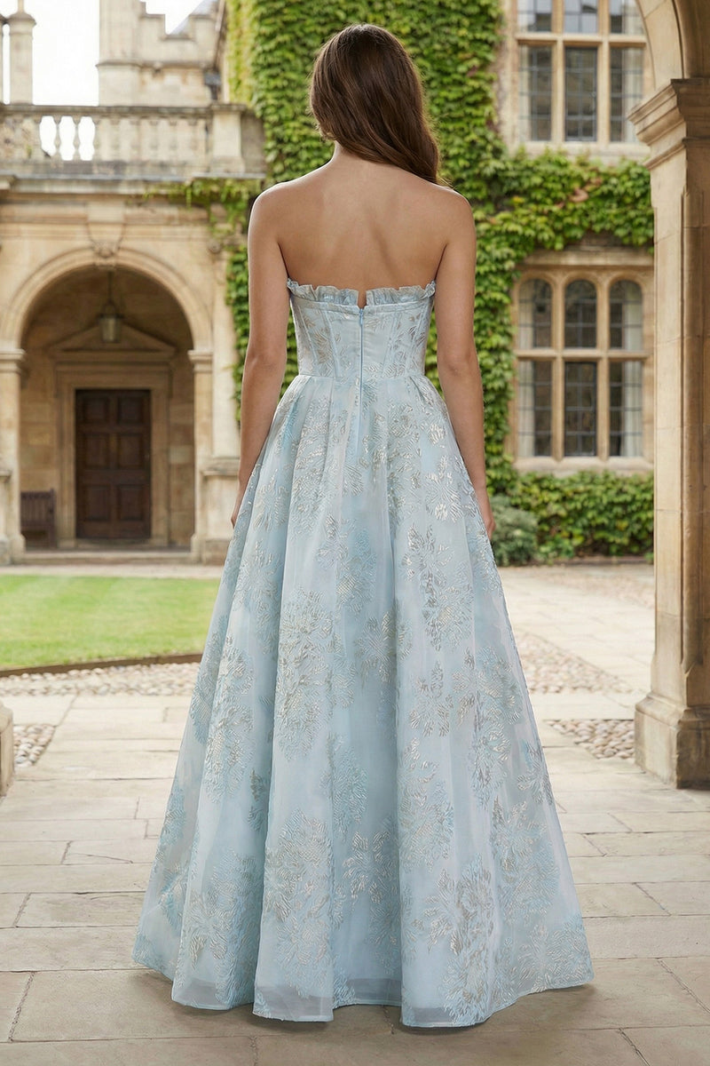 Load image into Gallery viewer, Floral Light Blue A Line Sweetheart Long Corset Prom Dress