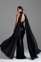 Load image into Gallery viewer, Sparkly Black Sequin High Neck Mermaid Long Prom Dress with Cape