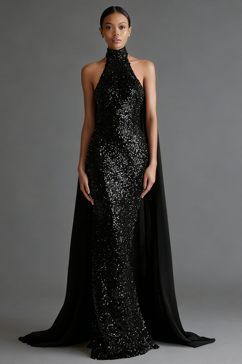 Load image into Gallery viewer, Sparkly Black Sequin High Neck Mermaid Long Prom Dress with Cape