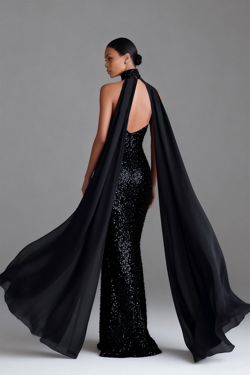 Load image into Gallery viewer, Sparkly Black Sequin High Neck Mermaid Long Prom Dress with Cape