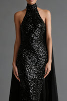 Load image into Gallery viewer, Sparkly Black Sequin High Neck Mermaid Long Prom Dress with Cape