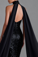Load image into Gallery viewer, Sparkly Black Sequin High Neck Mermaid Long Prom Dress with Cape